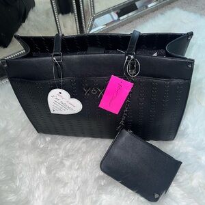 Betsey Johnson Black Quilted Heart Tote with Removable Wristlet